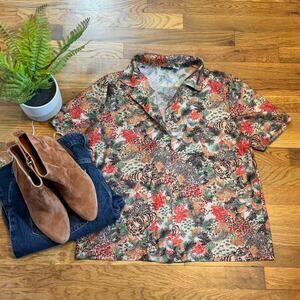 Joren Vintage Womens Tropical Tiger Print Short Sleeve Button Down Shirt Retro